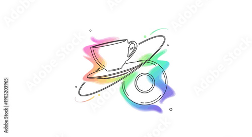 Vibrant abstract coffee cup and saucer line art with colorful watercolor splatters on white