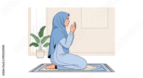 Muslim Woman in Hijab Praying on Mat at Home, Peaceful Islamic Devotion