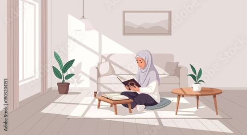Muslim woman in hijab reading book at home, peaceful lifestyle, natural light