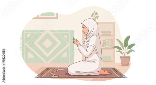 Muslim Woman in Hijab Praying at Home, Islamic Devotion and Spirituality