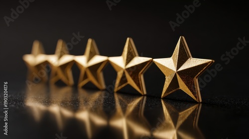 Five golden stars in a row on a dark background, with reflections