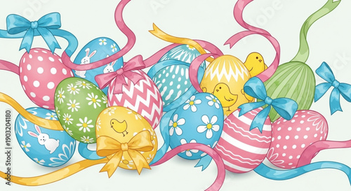 Colorful easter eggs with ribbons and bows on white background decorated with patterns and chicks holiday and celebration concept