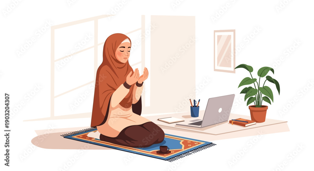 Obraz premium Muslim Woman Praying at Home with Laptop, Peaceful Devotion and Modern Life Balance