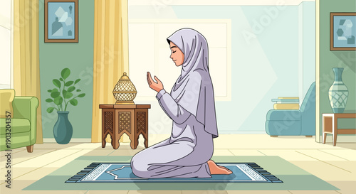 Muslim Woman Praying at Home, Wearing Hijab, Peaceful Prayer