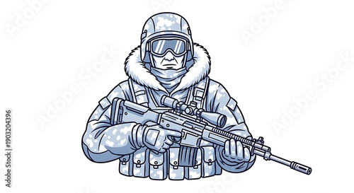 Armed Soldier in Winter Camouflage Wearing Helmet and Goggles in Snowy Environment
