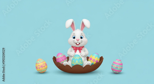 Easter bunny in brown chocolate egg holder with colorful decorated eggs on blue background festive spring holiday cheer