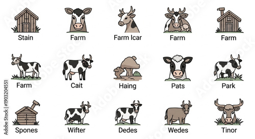Collection of Farm Animals and Barns Icons.