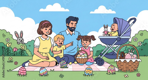 Happy family with children having easter picnic outdoors in spring