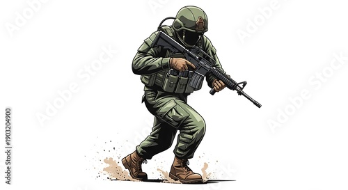 Military Soldier in Tactical Gear Holding Rifle in Action Pose on Sandy Terrain