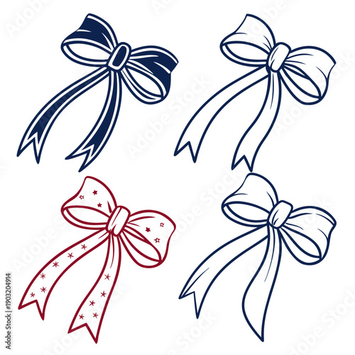 Three beautifully designed bows in red, blue, and white colors. Vector