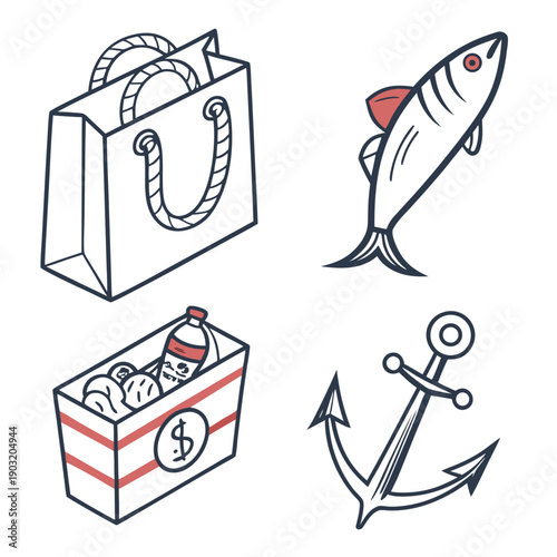 Assorted icons representing travel, shopping, and maritime themes Vector
