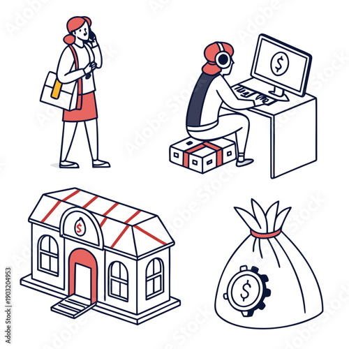 A woman preparing to bake a cake while a man works on a computer in the background. Vector