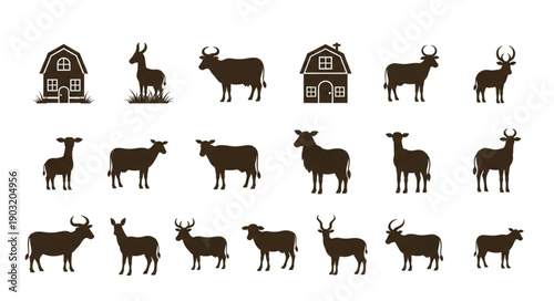 Collection of farm animals and barns in silhouette style.