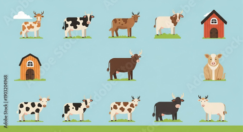 Collection of Farm Animals and Barns in Flat Design Style.