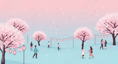 People enjoying cherry blossom festival with pink trees and lanterns in park on sunny day