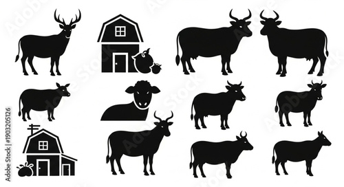 Collection of Farm Animal Silhouettes and Barns.