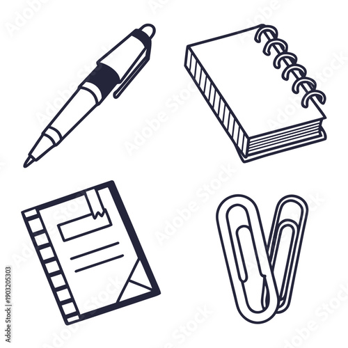 Assorted office supplies including pen, notebook, paper clips, and paper Vector