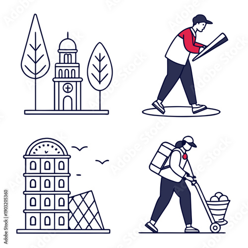 A man is pointing at a building while other buildings are in the background. Vector