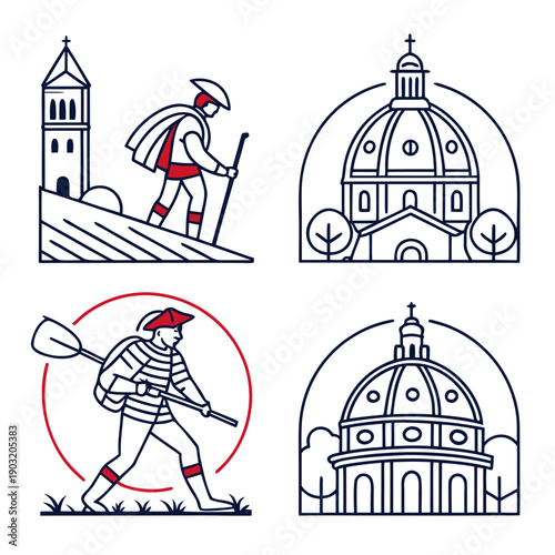 Four distinct architectural structures with a person and a prohibited symbol Vector