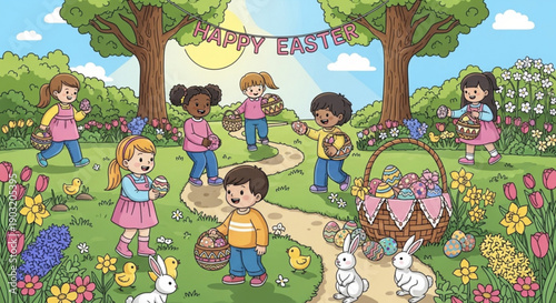 Children celebrate easter with baskets and bunnies in a colorful spring garden outdoors
