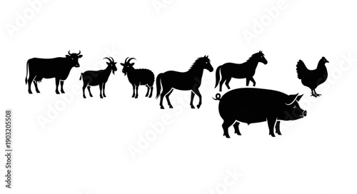 Collection of Farm Animal Silhouettes on White Background.