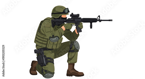 Soldier in Tactical Uniform Kneeling with Rifle in White Background