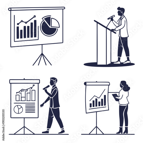 Business professionals presenting data and information in various formats and settings Vector
