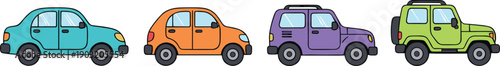 Cute cartoon car characters set with colorful small vehicles side view illustration