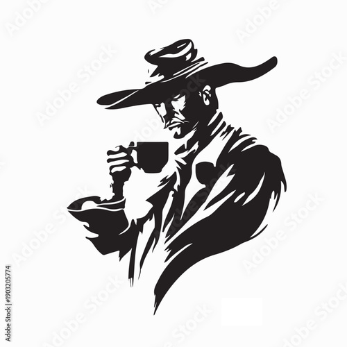 Cowboy Relaxing with Coffee Cup Silhouette Vector Illustration Western Lifestyle Design