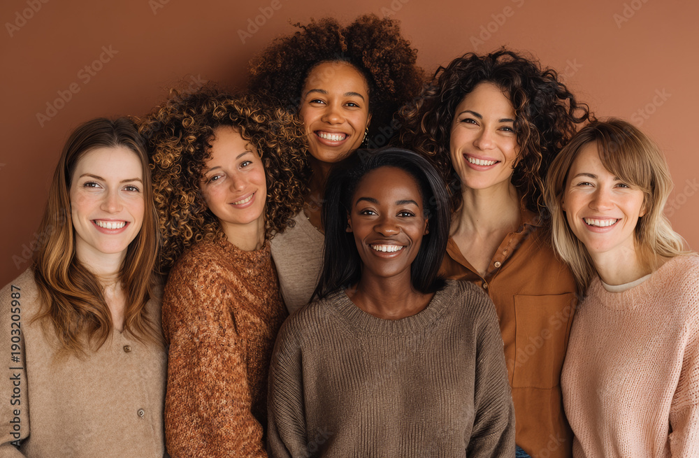 Obraz premium Group of diverse women with different hair textures and styles smiling together in a warm indoor setting