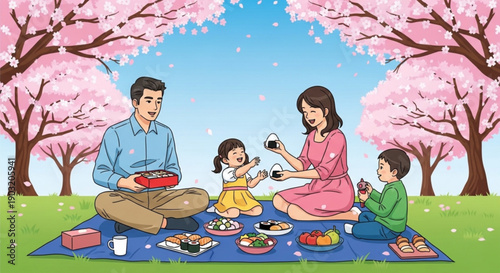 Family having a picnic under blooming cherry blossom trees on a sunny day with food spread on a blue blanket