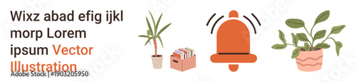 Home decor, office organization, notifications, nature, interior design, greenery. Images of a potted plant, a notification bell and files. Home decor and office organization ideas