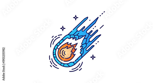 A vibrant stylized blue and orange comet or meteor streaking across the cosmic sky with stars