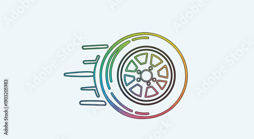 Dynamic rainbow colored racing wheel vector illustration representing speed and motion on a light