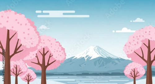 Serene landscape with cherry blossom trees mountain and lake symbolizing spring and calmness in a beautiful outdoor setting