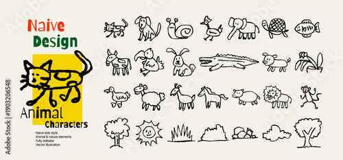 Set of animal and nature with doodle kid style. Naive design childish ink scribble collections.