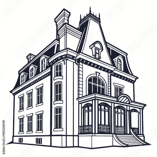 A detailed black and white illustration of a historic mansion with intricate architectural details