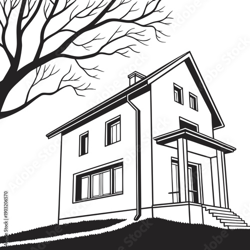 A charming two-story house with a tree in the front yard