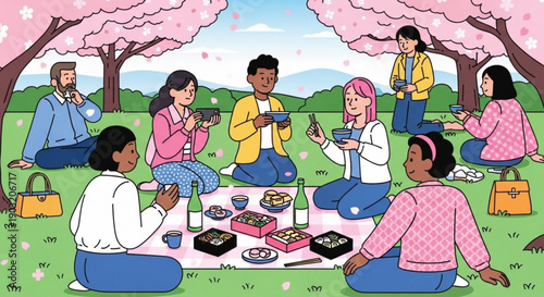 Friends enjoy a picnic under blooming cherry blossom trees in a green park with food and drinks