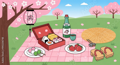 Japanese picnic with sushi sake and cherry blossoms in spring