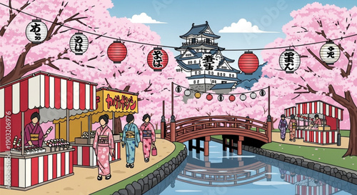 Vibrant japanese festival scene with cherry blossoms traditional architecture and people in kimonos by a serene canal