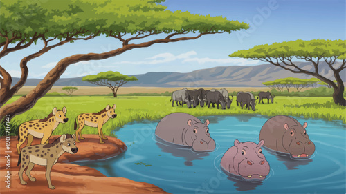A cartoon illustration of an African savanna landscape with a watering hole in the foreground (4)_traced