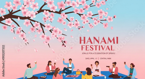 People celebrating hanami festival under cherry blossom tree