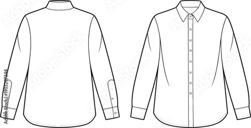 Fashion technical sketch of a men long sleeve button down dress shirt front and back view for coloring book page apparel design vector isolated