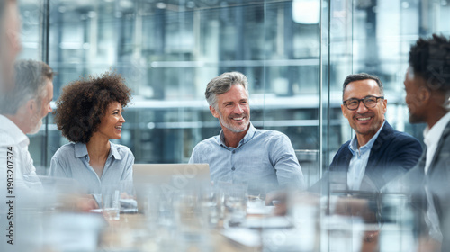 Diverse team professional meeting office business collaboration. Happy coworker engage in positive conversation within modern glass workspace, showing success and corporate partnership