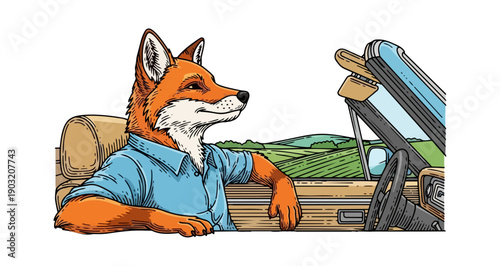 Cartoon fox driving convertible car with countryside scenery
