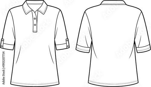Fashion technical sketch of a women three quarter sleeve polo shirt front and back view for coloring book page apparel design vector isolated