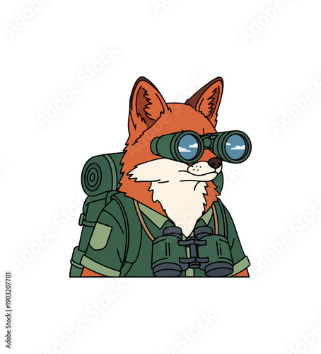Cartoon fox with binoculars and backpack on black background