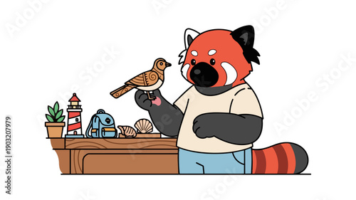 Cartoon red panda holding bird beside decorative objects on table