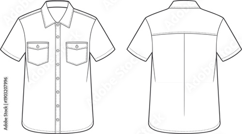 Fashion technical sketch of a men short sleeve button down shirt with pockets front and back view for coloring book page vector illustration isolated